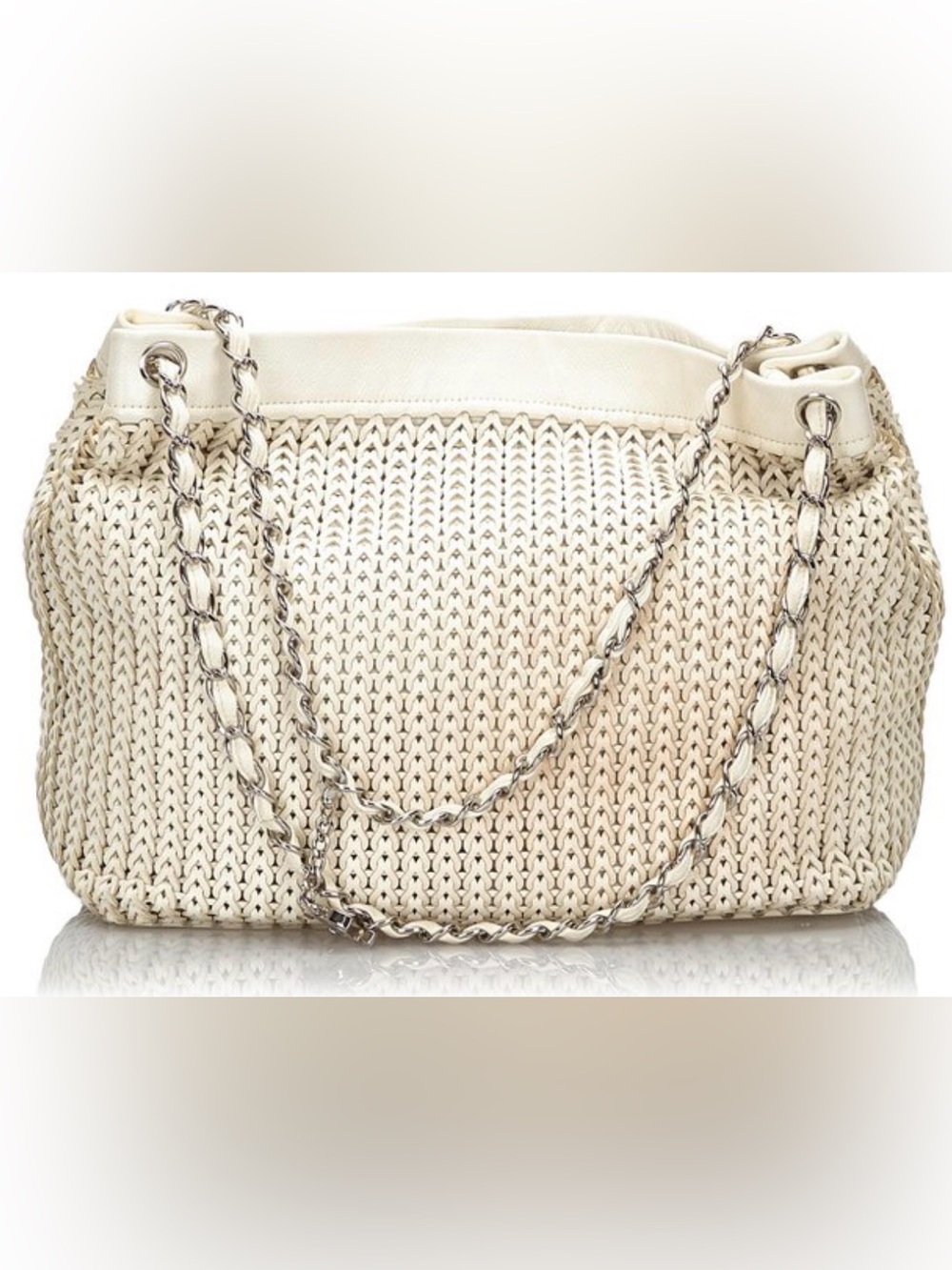 Vintage Chanel crochet braided ivory leather bag rare summer cruise collection
